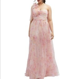 Floral Scarf Tie One-Shoulder Tulle Gown with Long Full Skirt